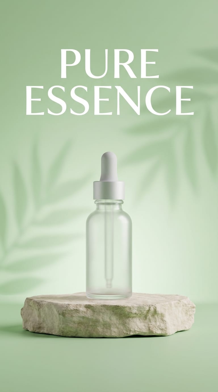 A minimalist commercial poster for a new organic skincare line. The background is a soft pastel green with subtle botanical shadows. In the center, a sleek glass serum bottle rests on a natural stone podium. Bold, elegant white typography at the top reads "PURE ESSENCE". 4K resolution, vertical 9:16 aspect ratio, studio lighting.