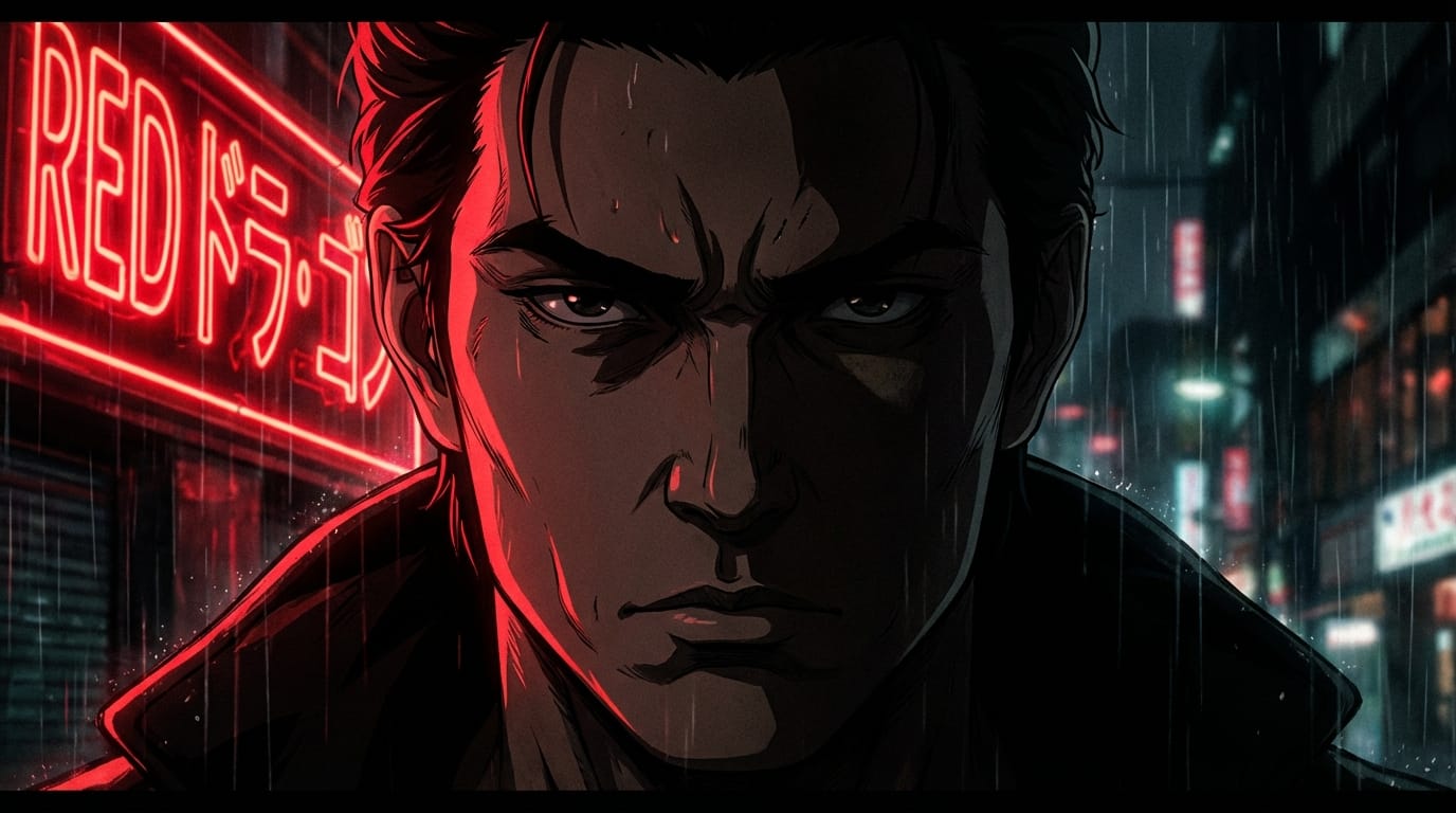 Moody cinematic anime style, close up portrait of a male character, sharp jawline, intense gaze, half face in deep shadow, rim lighting from a red neon sign, high contrast, detailed anime art