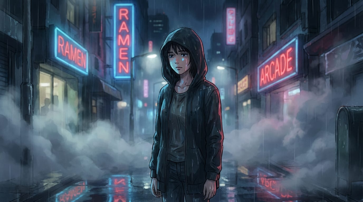 Moody cinematic anime style, 1girl standing in the rain at night, neon city lights reflecting on wet skin, damp clothes, subtle melancholic expression, volumetric fog, high contrast lighting, masterpiece, high quality