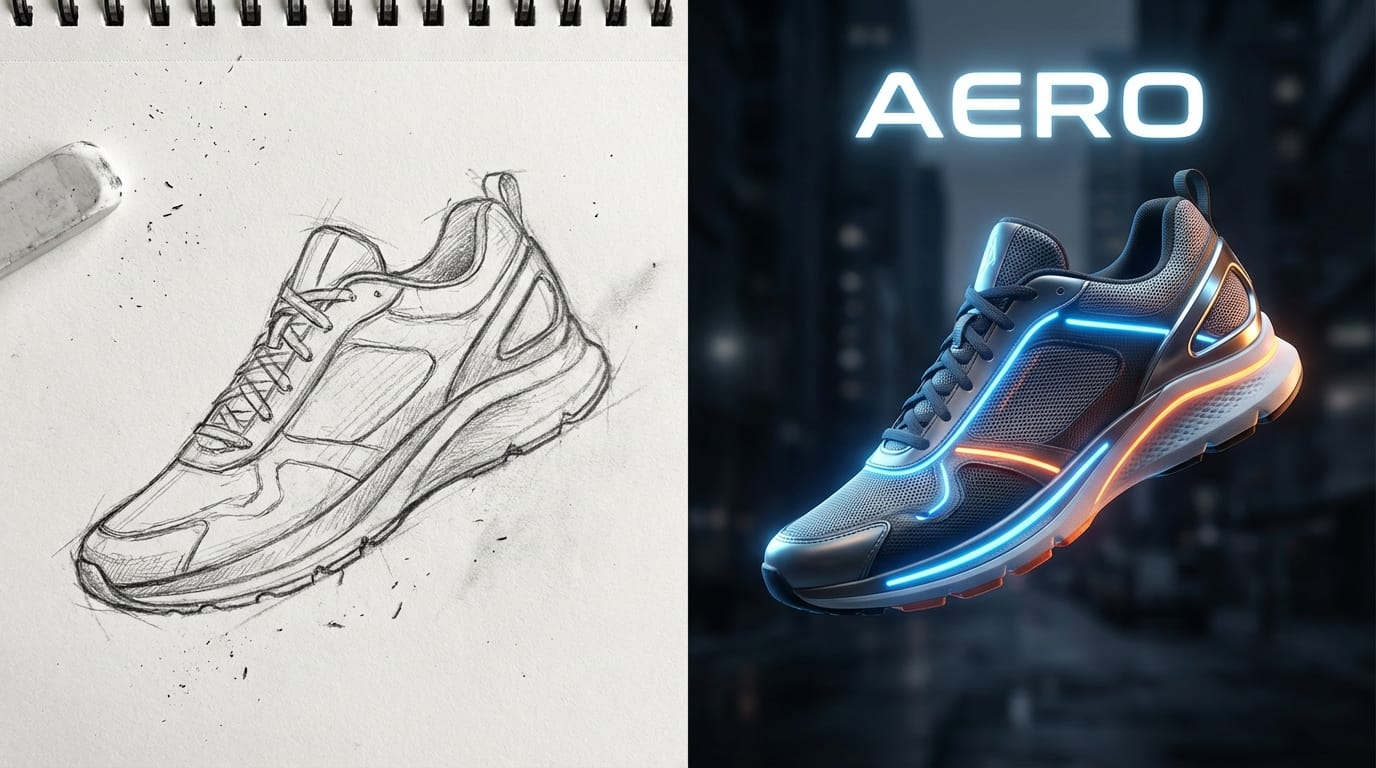 A side-by-side comparison showing a rough pencil sketch of a shoe on the left, and a photorealistic 4K commercial render of a futuristic sneaker on the right with the text 'AERO' floating above it.
