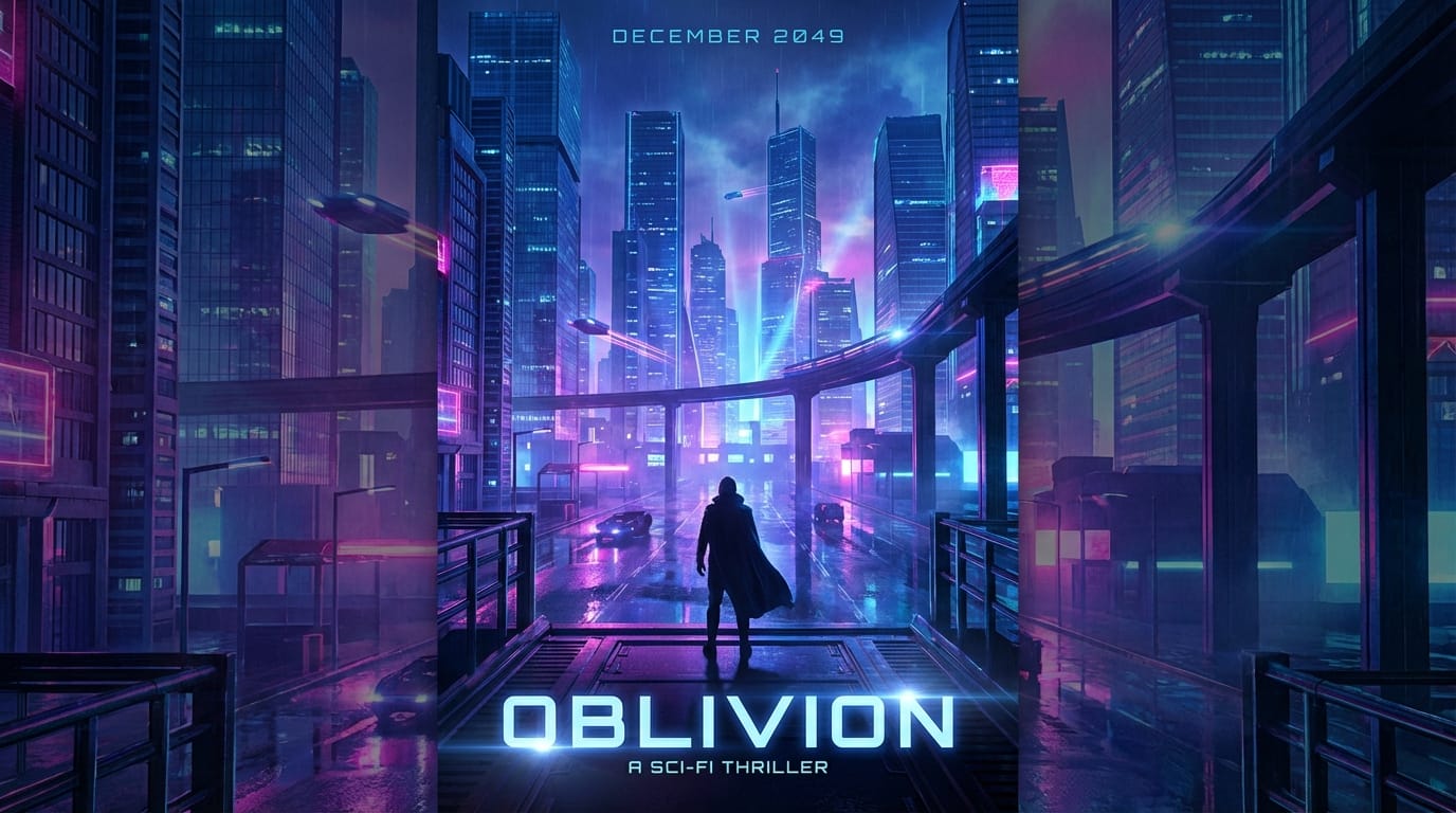 Transform this rough sketch into a high-fidelity movie poster for a sci-fi thriller. Glowing neon color palette, highly detailed futuristic city background. The main title "OBLIVION" is prominently displayed in a glowing, technical sans-serif font at the bottom. Cinematic lighting, 4K output.