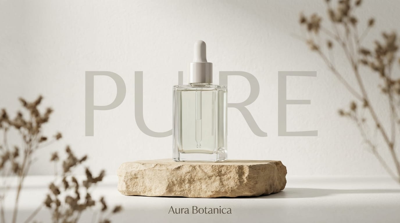 A high-end commercial poster for a minimalist skincare brand. A sleek glass bottle sits on a natural stone plinth. Soft, cinematic studio lighting. The word 'PURE' is elegantly integrated into the background in a clean sans-serif font. 4K resolution, photorealistic.