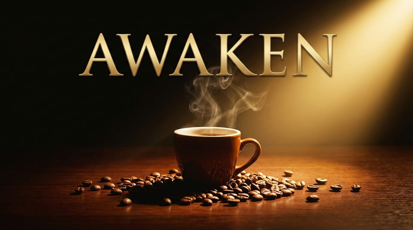 A cinematic commercial poster for a luxury coffee brand. A steaming cup of espresso on a dark wooden table, surrounded by scattered roasted beans. Dramatic spotlighting. The text "AWAKEN" is written in a bold, elegant gold serif font at the top center. High-end aesthetic, 4K resolution, negative space on the left.