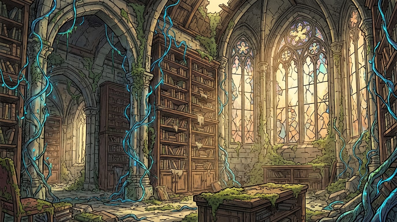 A detailed comic book background of an abandoned library overgrown with glowing blue vines, dusty bookshelves, shafts of sunlight piercing through broken stained glass windows, cinematic depth of field, high density anime illustration