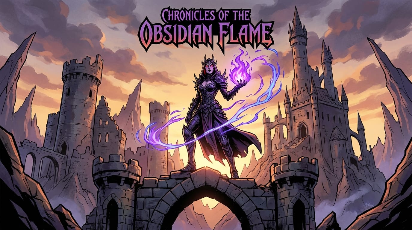 A stunning comic book cover illustration of a dark fantasy sorceress holding a sphere of purple fire, intricate gothic armor, glowing red eyes, dramatic rim lighting, swirling magical energy, highly detailed background of a ruined castle, vibrant anime style