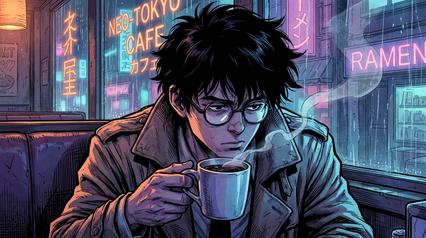 A close up comic portrait of a young male detective with messy black hair and round glasses drinking coffee in a dimly lit cyberpunk diner, neon reflections on the window, moody atmosphere, detailed anime style