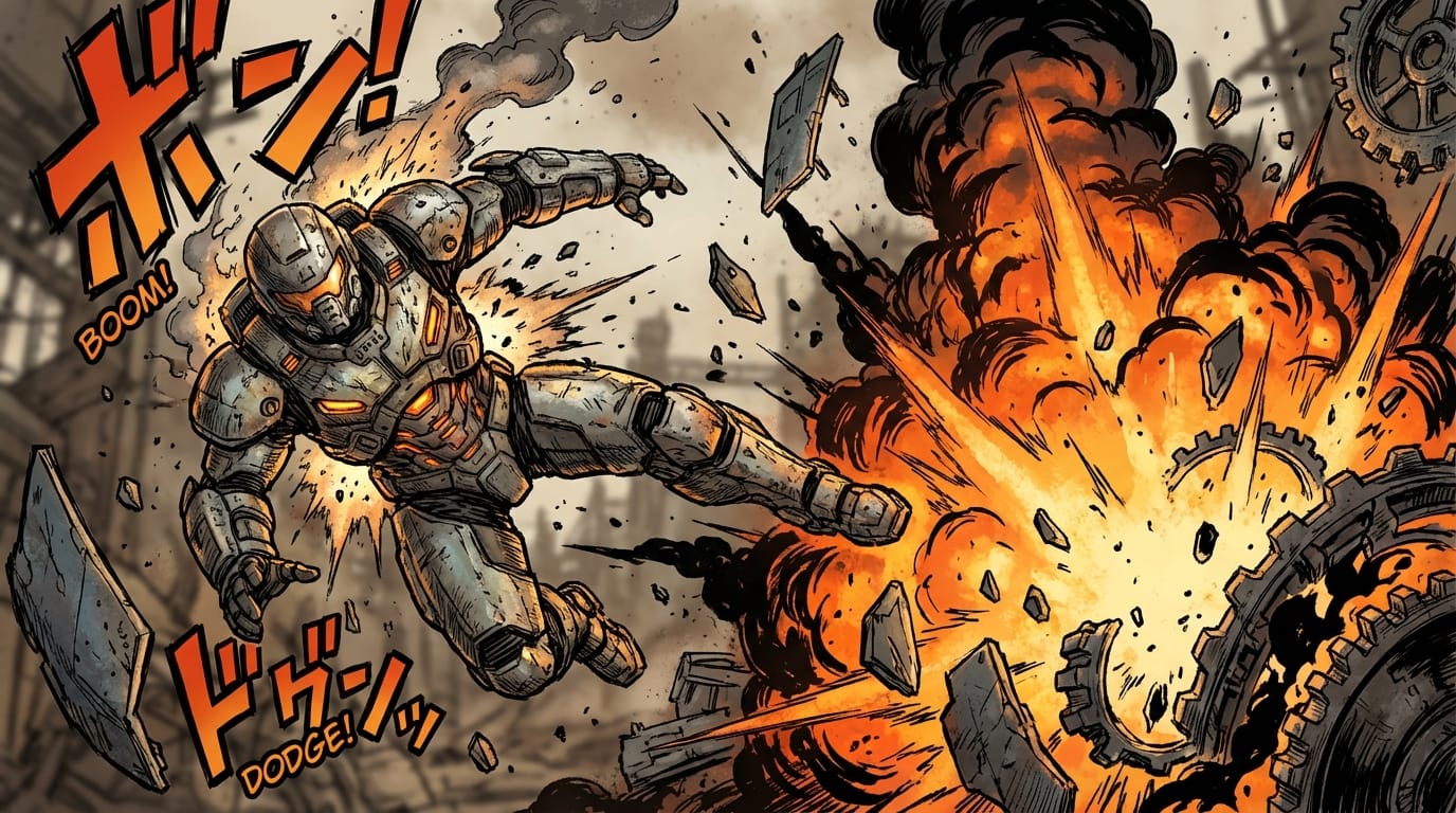 A dynamic comic panel featuring a mecha pilot dodging an explosion, intense action pose, bright orange fire and smoke, flying debris, high detail mechanical suit, dramatic shading, intense anime battle scene