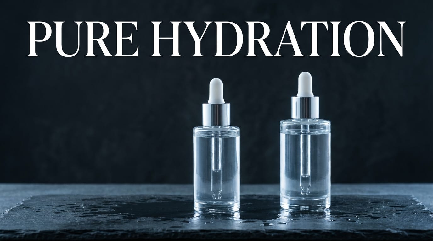 A high-end minimalist commercial poster for a new skincare brand, featuring a sleek glass serum bottle on a wet slate surface, cinematic studio lighting, with the bold elegant text "PURE HYDRATION" centered at the top, professional typography, negative space for copy, 4K resolution.