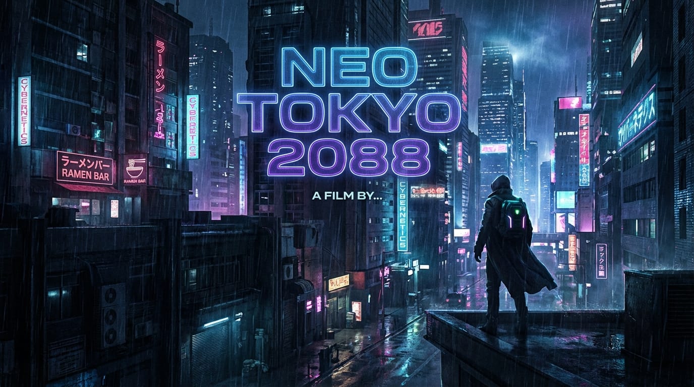 Transform this structural layout into a photorealistic cyberpunk movie poster, neon city background with deep shadows, glowing typography reading "NEO TOKYO 2088", cinematic lighting, highly detailed character silhouette in the foreground.