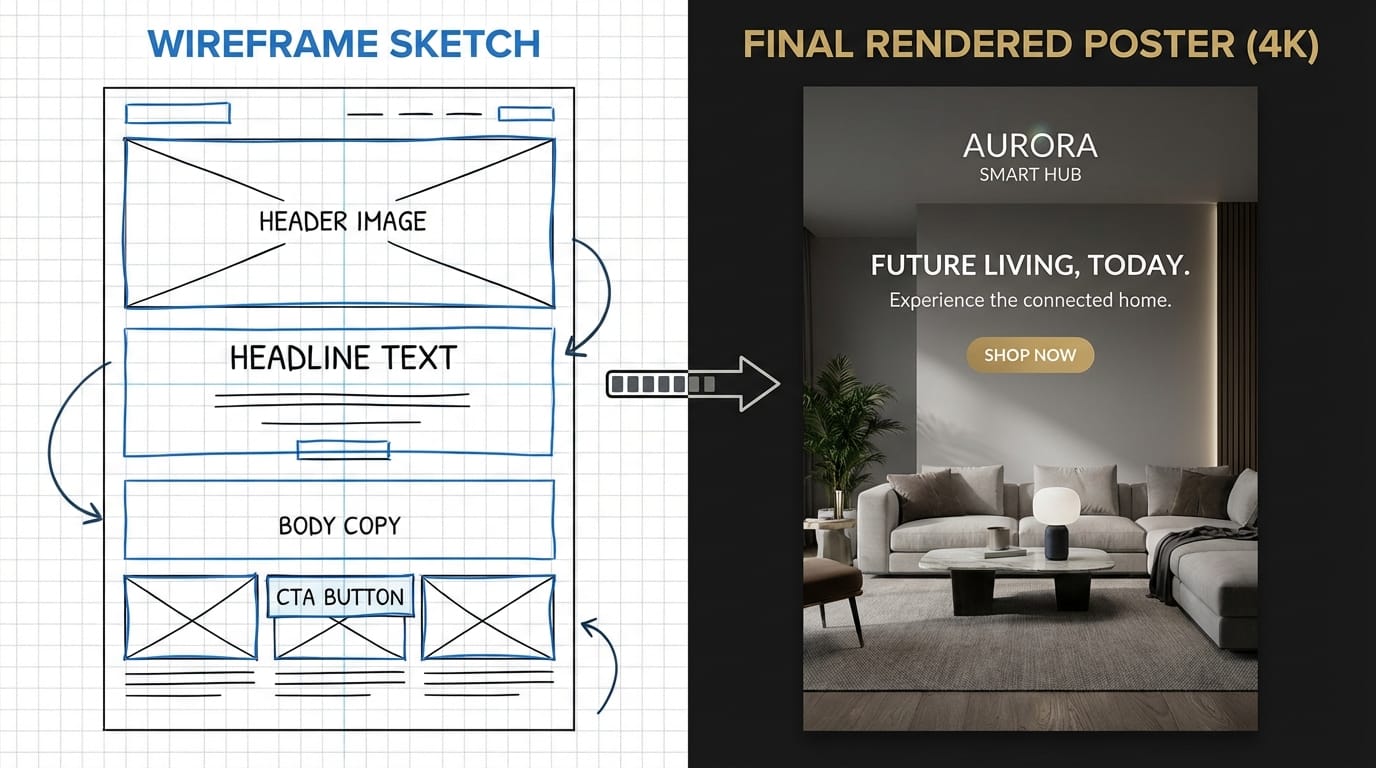 A split-screen view showing a wireframe sketch on the left and a fully rendered 4K commercial poster with typography on the right, demonstrating the image-to-image workflow.