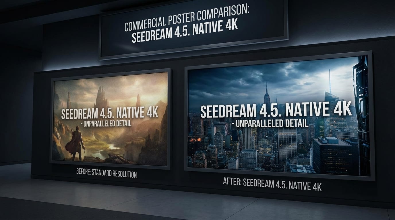 A side-by-side comparison showing a detailed commercial poster with crisp typography and cinematic lighting, highlighting the native 4K resolution capabilities of Seedream 4.5.