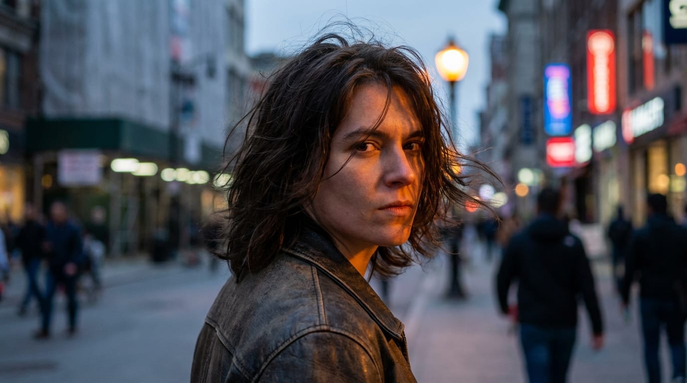 The character in the image turns their head quickly to look directly at the camera, subtle wind blowing through their hair, dynamic lighting shift.