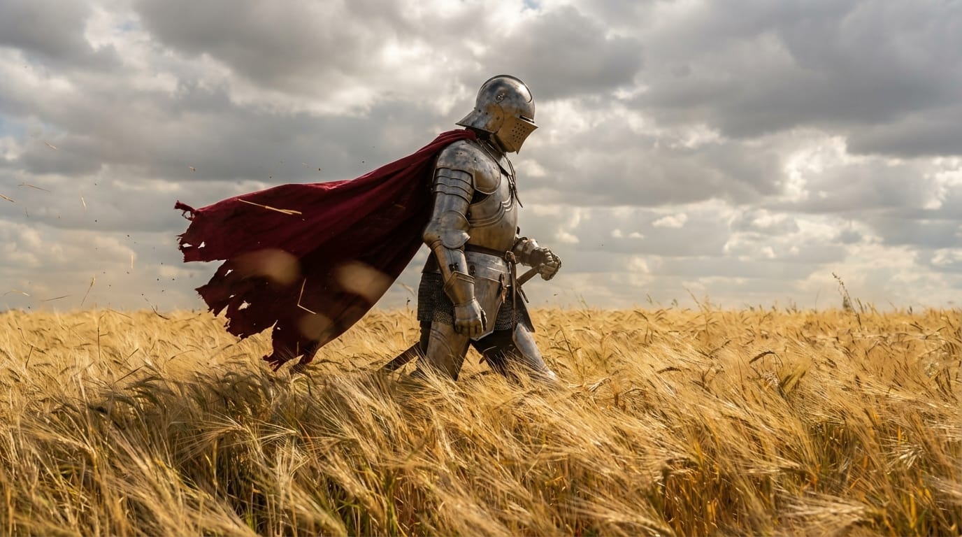 Animate the static image of a medieval knight standing in a windy wheat field. The wheat sways naturally in the strong breeze, the knight's cape billows dynamically, and the lighting shifts slightly as clouds pass overhead. Stable long-sequence motion.