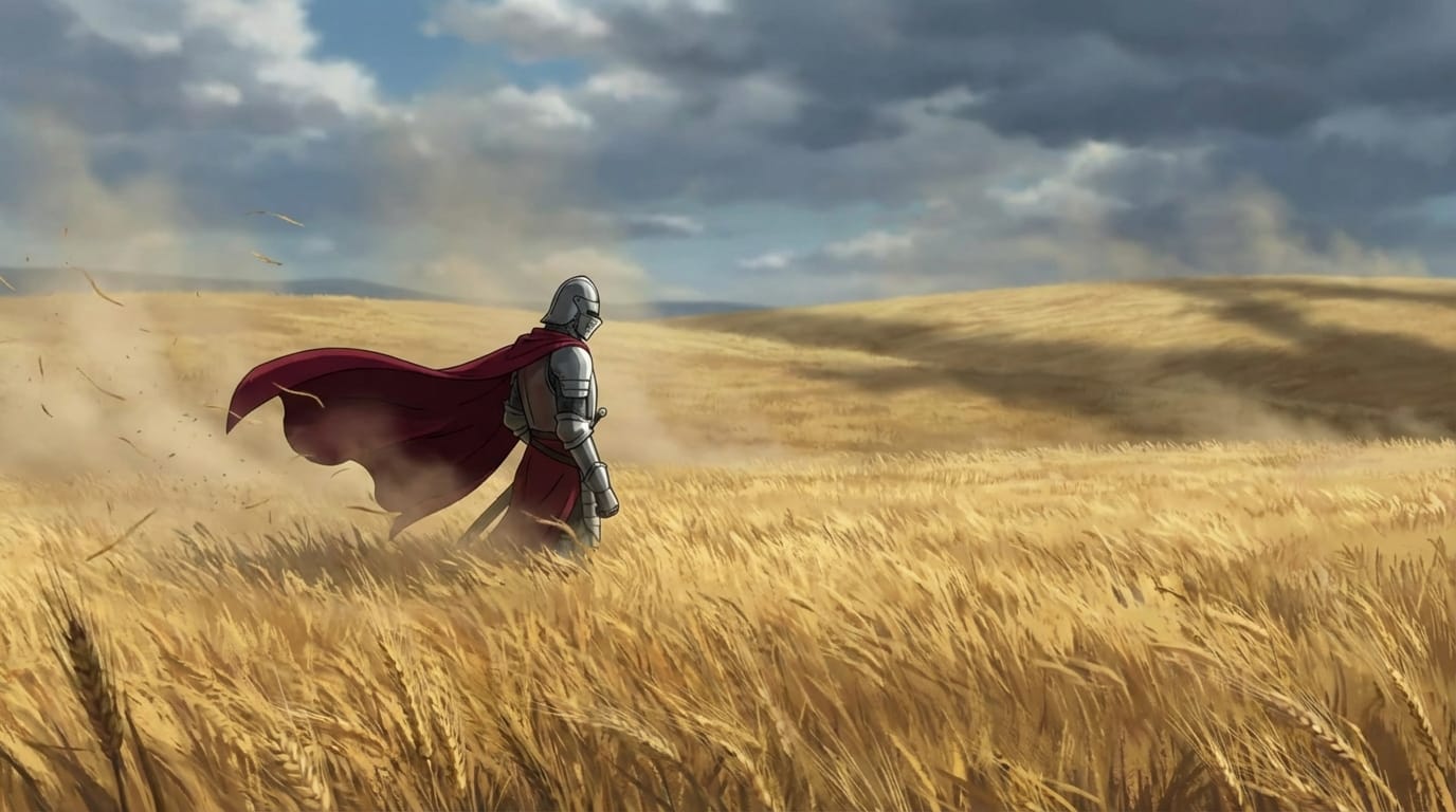 Animate the static image of a medieval knight standing in a windy wheat field. The wheat sways naturally in the strong breeze, the knight's cape billows dynamically, and the lighting shifts slightly as clouds pass overhead. Stable long-sequence motion.
