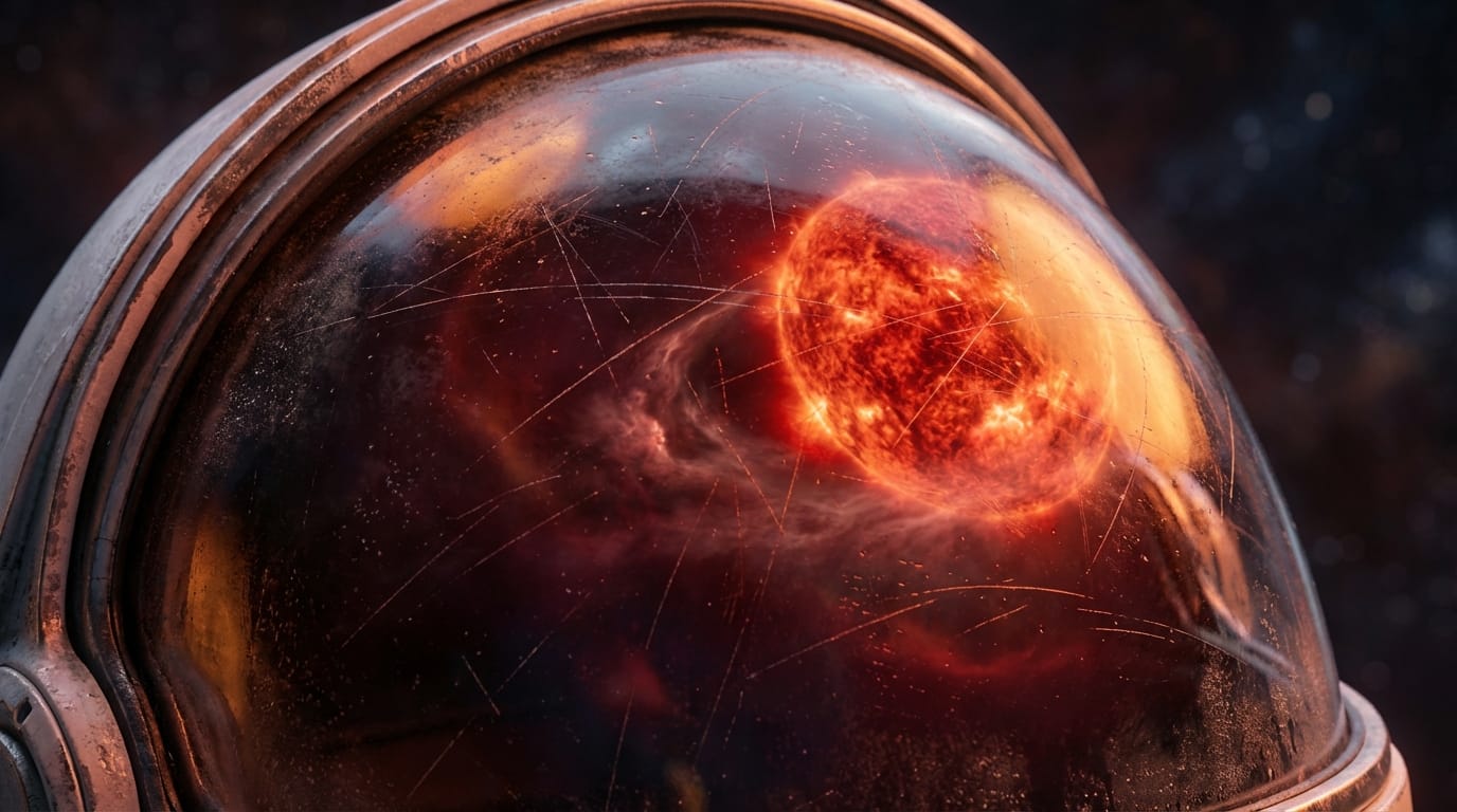 Extreme close-up of a futuristic astronaut helmet reflecting a dying red giant star. The camera slowly pans around the helmet, revealing intricate scratches on the visor and realistic lighting shifts. High-end VFX quality, smooth motion, 1080p.