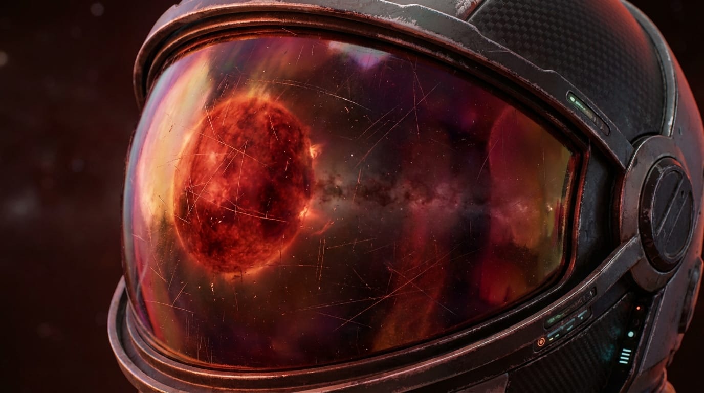 Extreme close-up of a futuristic astronaut helmet reflecting a dying red giant star. The camera slowly pans around the helmet, revealing intricate scratches on the visor and realistic lighting shifts. High-end VFX quality, smooth motion, 1080p.