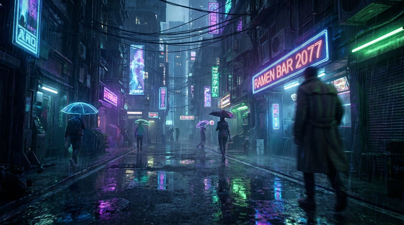 Gentle camera push-in on a futuristic neon-lit cyberpunk street, rain falling slowly, reflections shimmering on the wet pavement, cinematic lighting