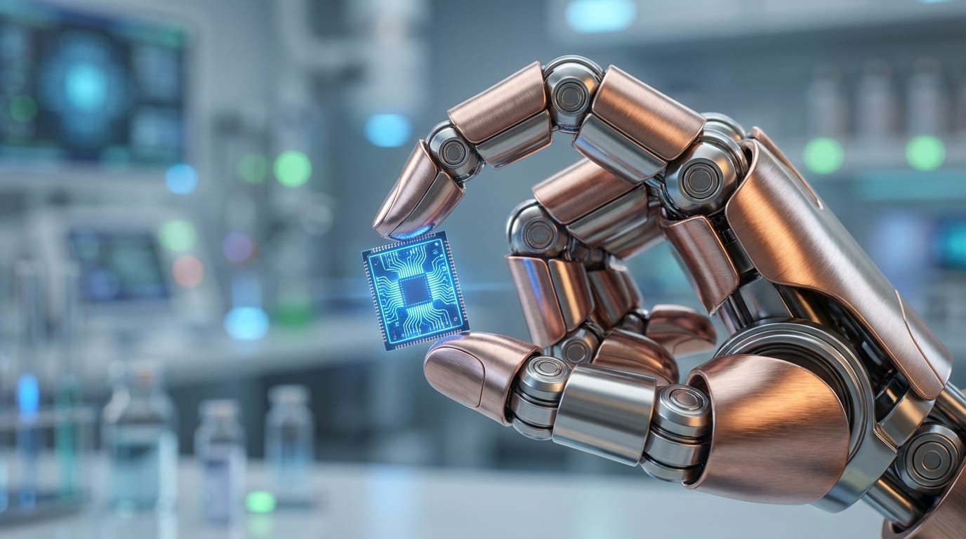 Macro shot of a robotic hand delicately holding a glowing microchip, futuristic laboratory background, shallow depth of field, sharp focus on the chip