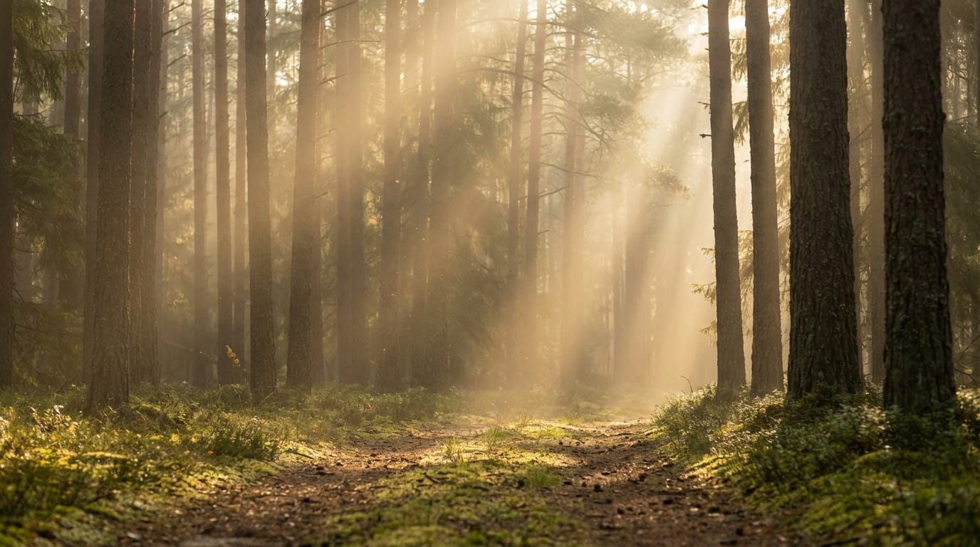 Cinematic tracking shot of sunlight filtering through a dense, misty pine forest early in the morning, dust motes dancing in the light, photorealistic nature documentary style, 4k resolution