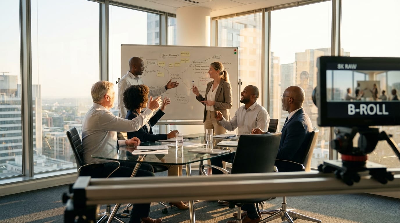 Slow motion panning shot of a diverse business team brainstorming in a bright modern glass office, natural sunlight, professional corporate b-roll, highly detailed