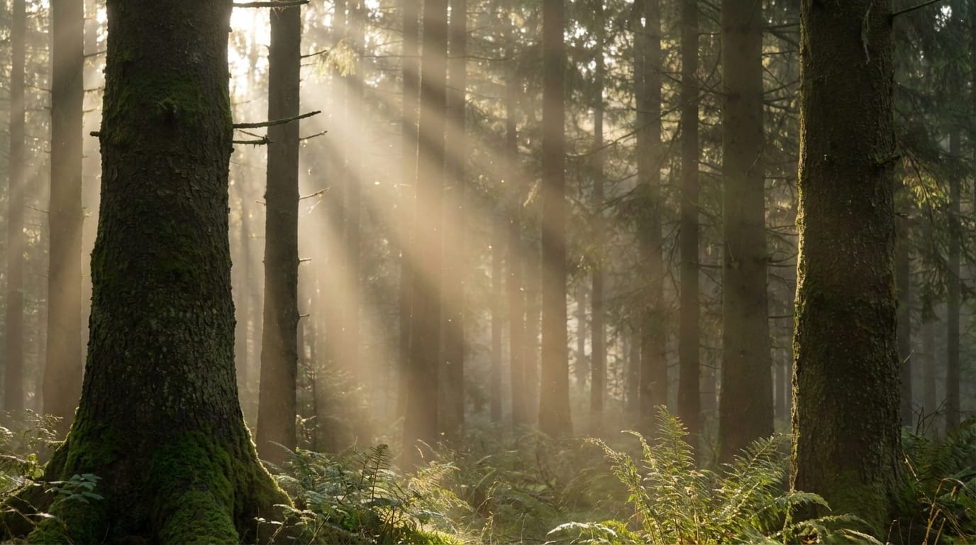 Cinematic tracking shot of sunlight filtering through a dense, misty pine forest early in the morning, dust motes dancing in the light, photorealistic nature documentary style, 4k resolution