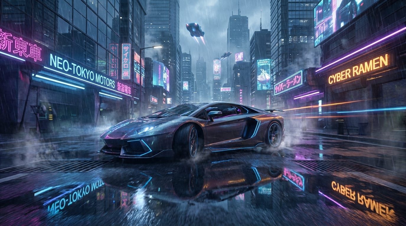 A dynamic tracking shot of a sleek sports car drifting through a rain-soaked cyberpunk city street at night, neon signs reflecting in the puddles, hyper-realistic physics, cinematic lighting.
