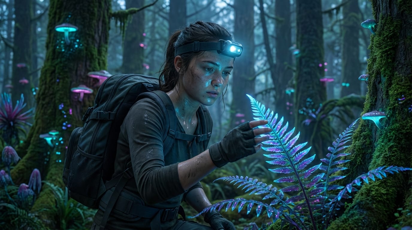 A cinematic 1080p shot of a young female explorer in a futuristic glowing forest, she gently touches a luminescent plant, soft neon blue lighting reflecting on her detailed face, smooth and realistic motion, high aesthetic quality.