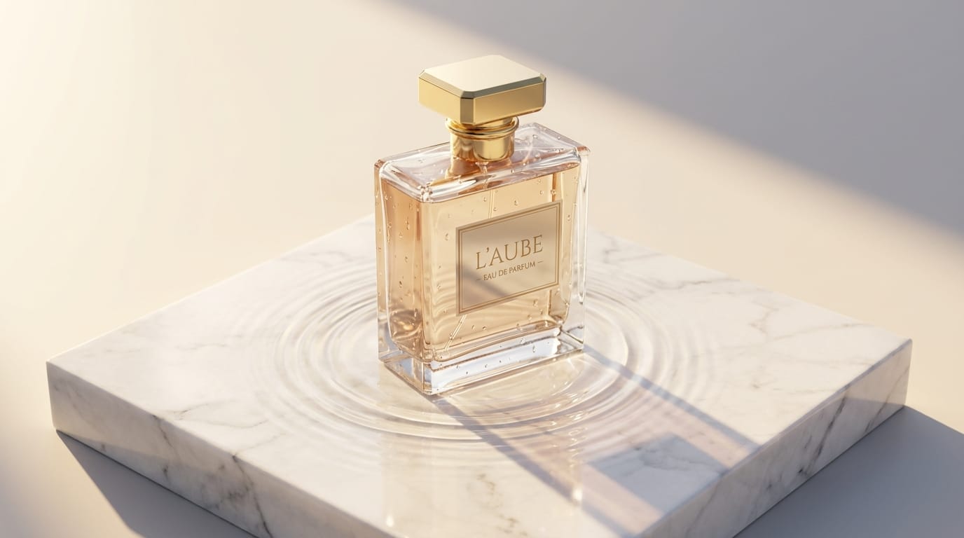 The camera slowly pans around the uploaded perfume bottle resting on a marble podium, delicate water ripples form around the base, soft morning sunlight casting realistic shadows, elegant and smooth motion.