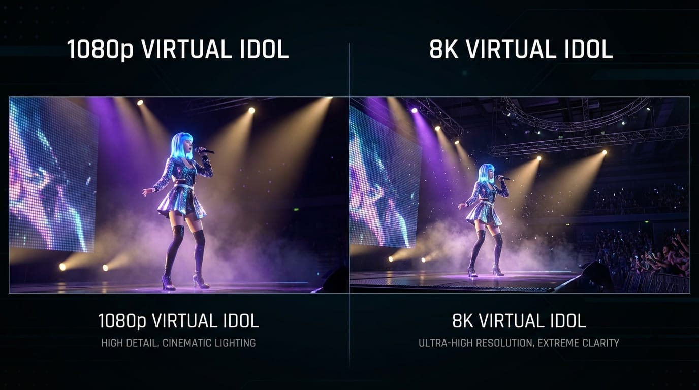 A side-by-side visual comparison concept showing a highly detailed virtual idol performing on stage, cinematic lighting, 1080p resolution.