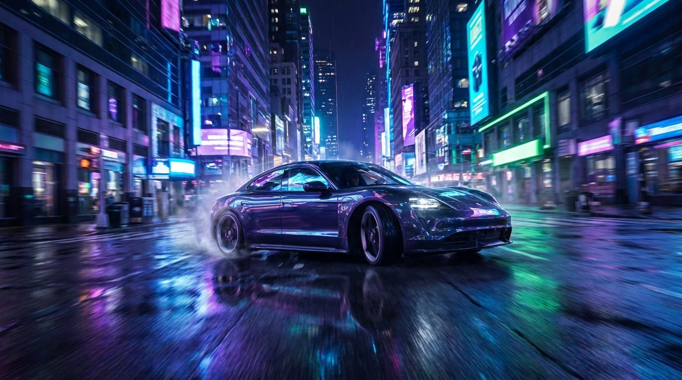 A dynamic tracking shot of a sleek sports car drifting through a rain-soaked cyberpunk city street at night, neon signs reflecting in the puddles, hyper-realistic physics, cinematic lighting.
