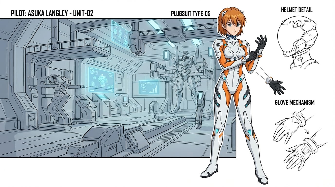 Anime concept art, full body shot of a futuristic mecha pilot in a sleek white and orange plugsuit, adjusting her gloves, sci-fi hangar background, cel-shaded, clean line art, character design sheet style.