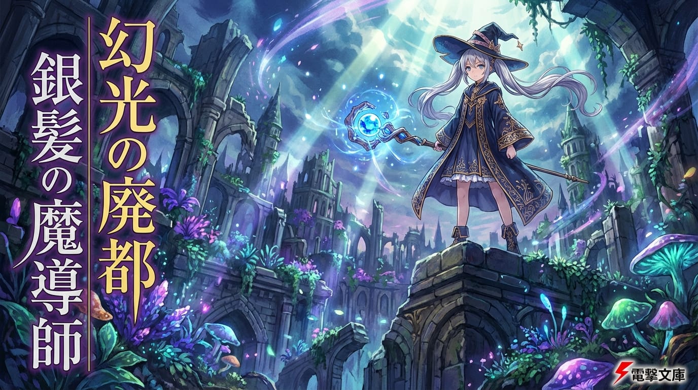 A highly detailed anime light novel cover, a young female wizard with silver twintails and a glowing blue staff, standing in a ruined fantasy city overgrown with glowing bioluminescent plants, dramatic lighting, vibrant colors, masterpiece, Japanese aesthetic, dynamic angle.