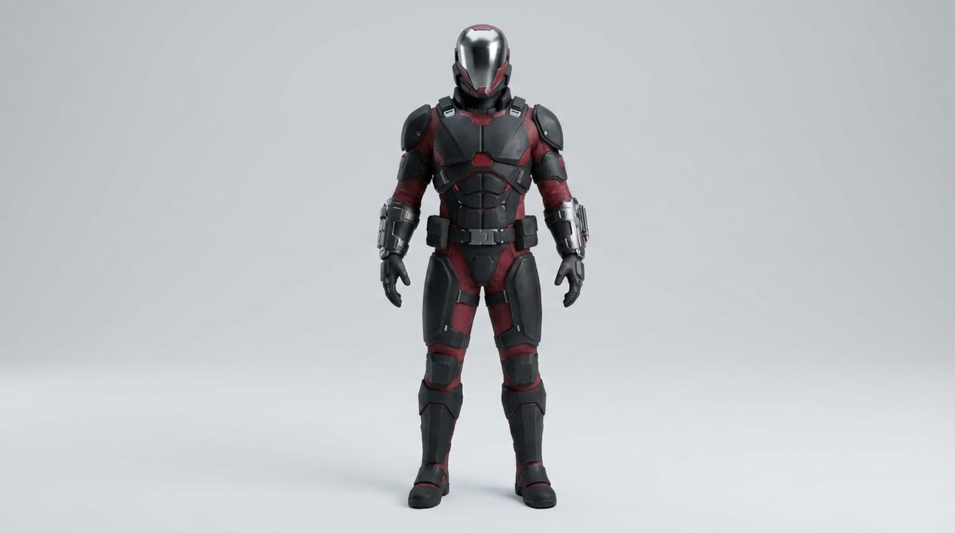 A 3D character model of a futuristic bounty hunter, tactical gear, metallic visor, matte black and crimson armor, standing straight, clean light gray background, soft studio lighting, high resolution 3D render