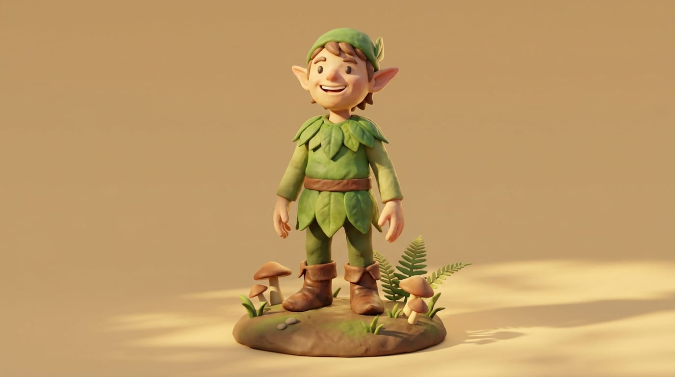 A 3D stylized render of a cheerful forest elf, green leafy tunic, leather boots, soft clay material, warm sunlight, solid beige background, high quality 3D asset