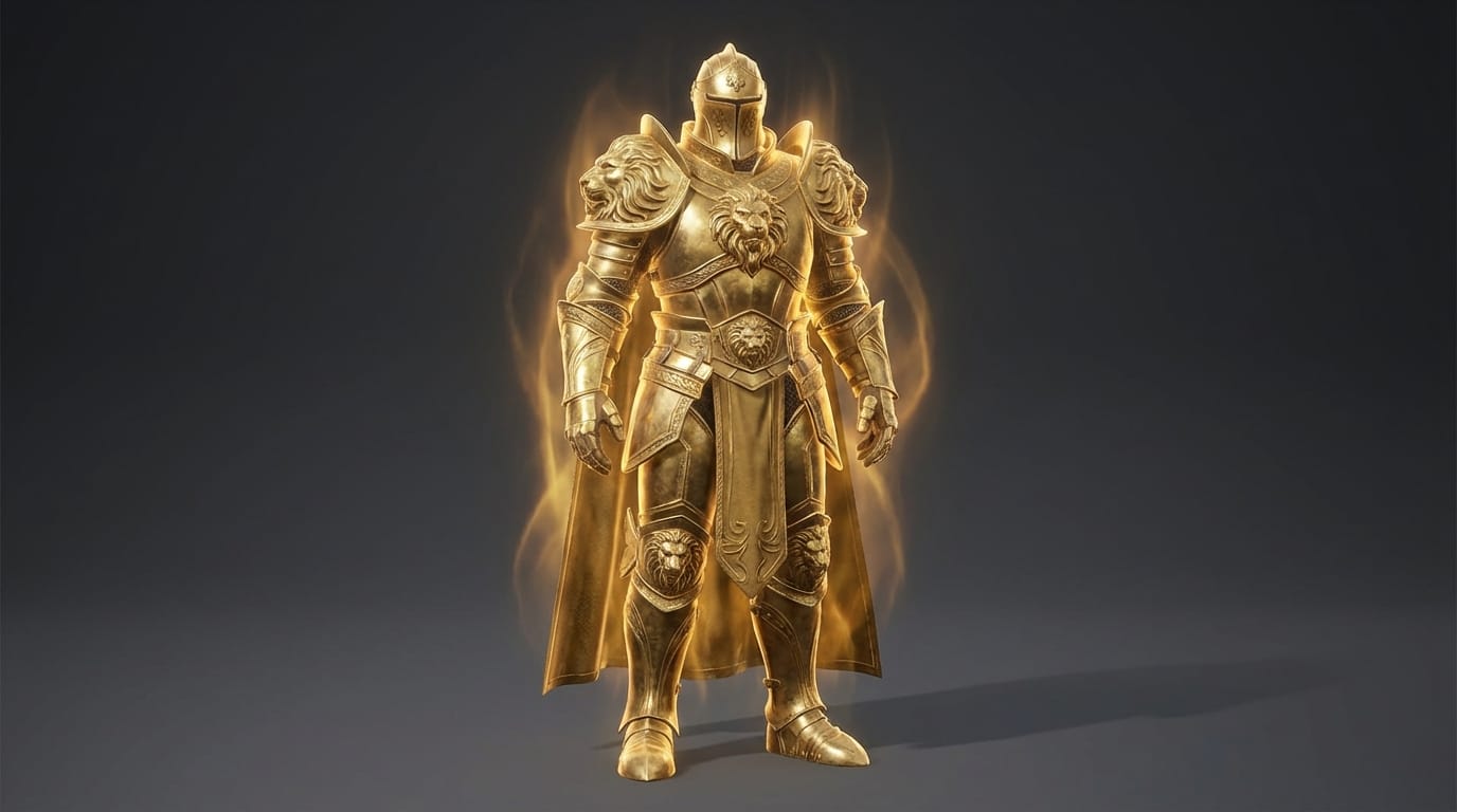 A 3D character model of a heavy knight, thick golden armor, glowing aura, majestic design, neutral studio lighting, dark gray background, unreal engine render style