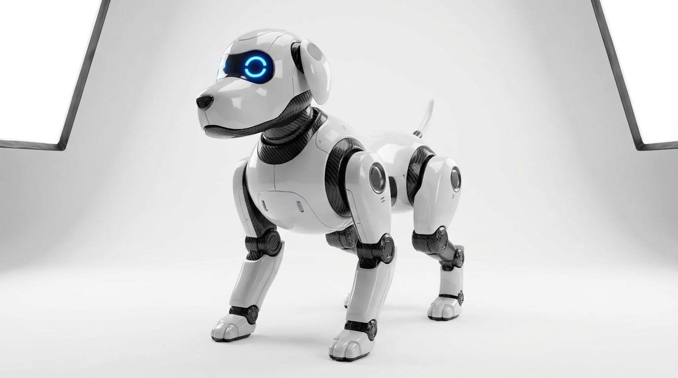 A 3D character model of a robotic dog, glossy white plastic shell, carbon fiber joints, bright LED eyes, studio softbox lighting, clean white background, sleek industrial design