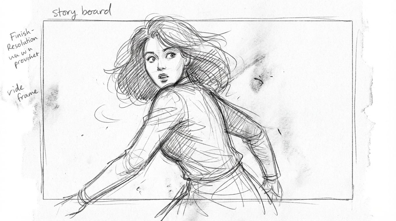 Rough graphite pencil sketch, dynamic animation of a woman looking over her shoulder, loose hatching lines, monochrome grey, unpolished edges, white background, storyboard style