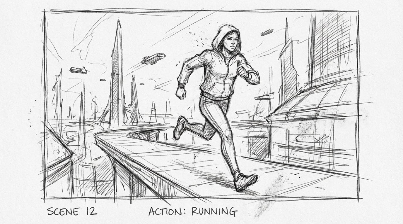 A dynamic rough pencil sketch of a person running through a futuristic city, monochromatic, visible graphite strokes, storyboard aesthetic, raw lines, minimal background details