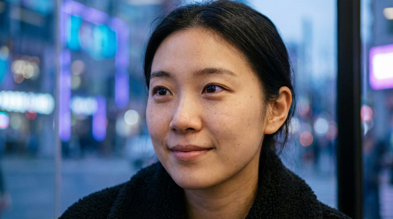 A cinematic close-up shot of a young Asian woman with natural skin texture and subtle makeup. She is looking slightly off-camera with a gentle, restrained smile. Soft neon lighting reflects in her eyes, creating a mood of quiet contemplation. Shot on a 35mm lens, realistic, 4k resolution, smooth motion, highly detailed.