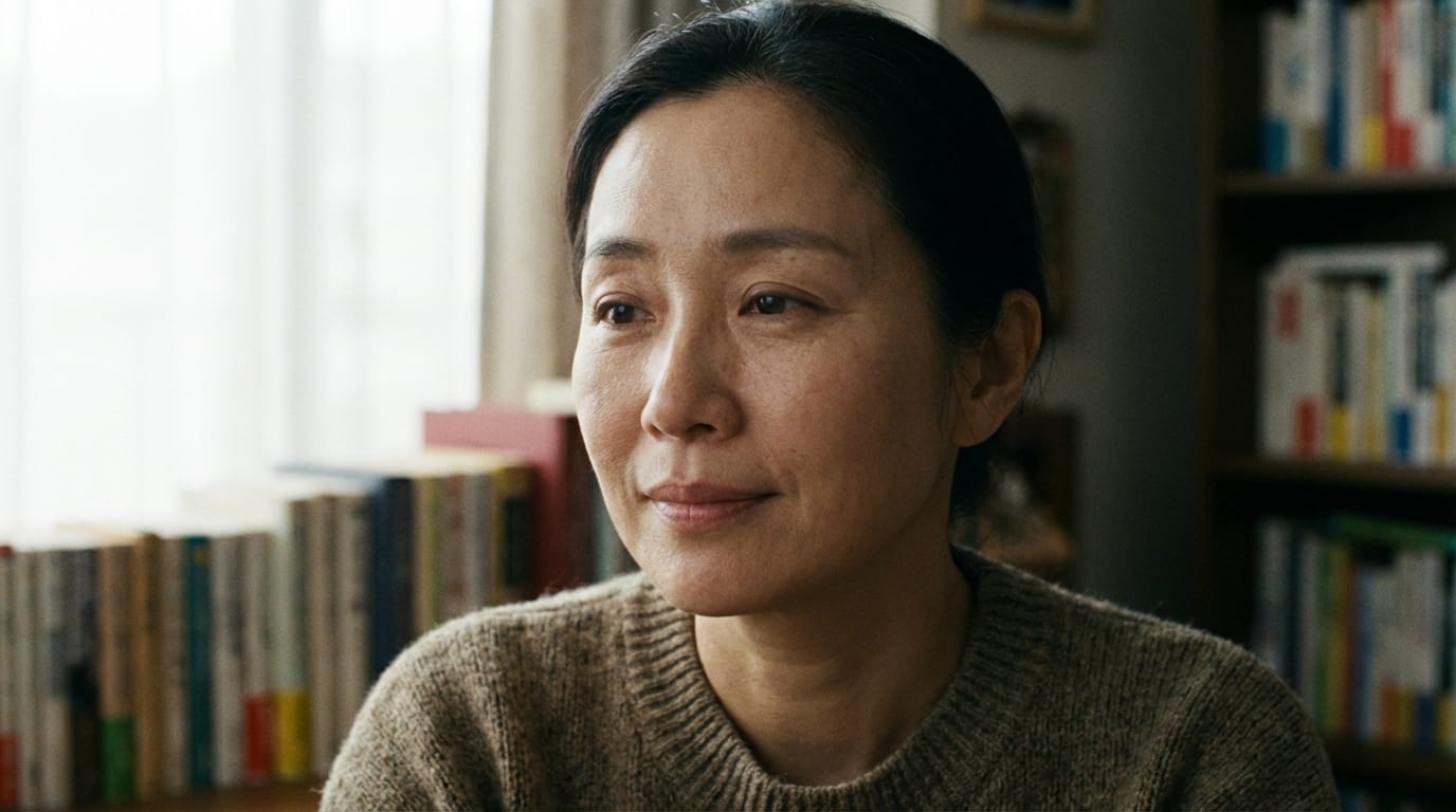 Cinematic shot of an Asian woman with natural skin texture, soft diffused lighting, subtle emotional expression, highly detailed, realistic AI generator style