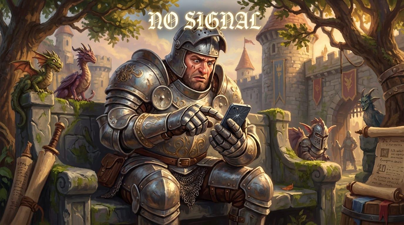 A satirical digital painting of a medieval knight trying to use a modern smartphone. The knight looks frustrated, tapping the screen with a heavy metal gauntlet. Text floating in the air reads 'NO SIGNAL'. Humorous, detailed fantasy art style.