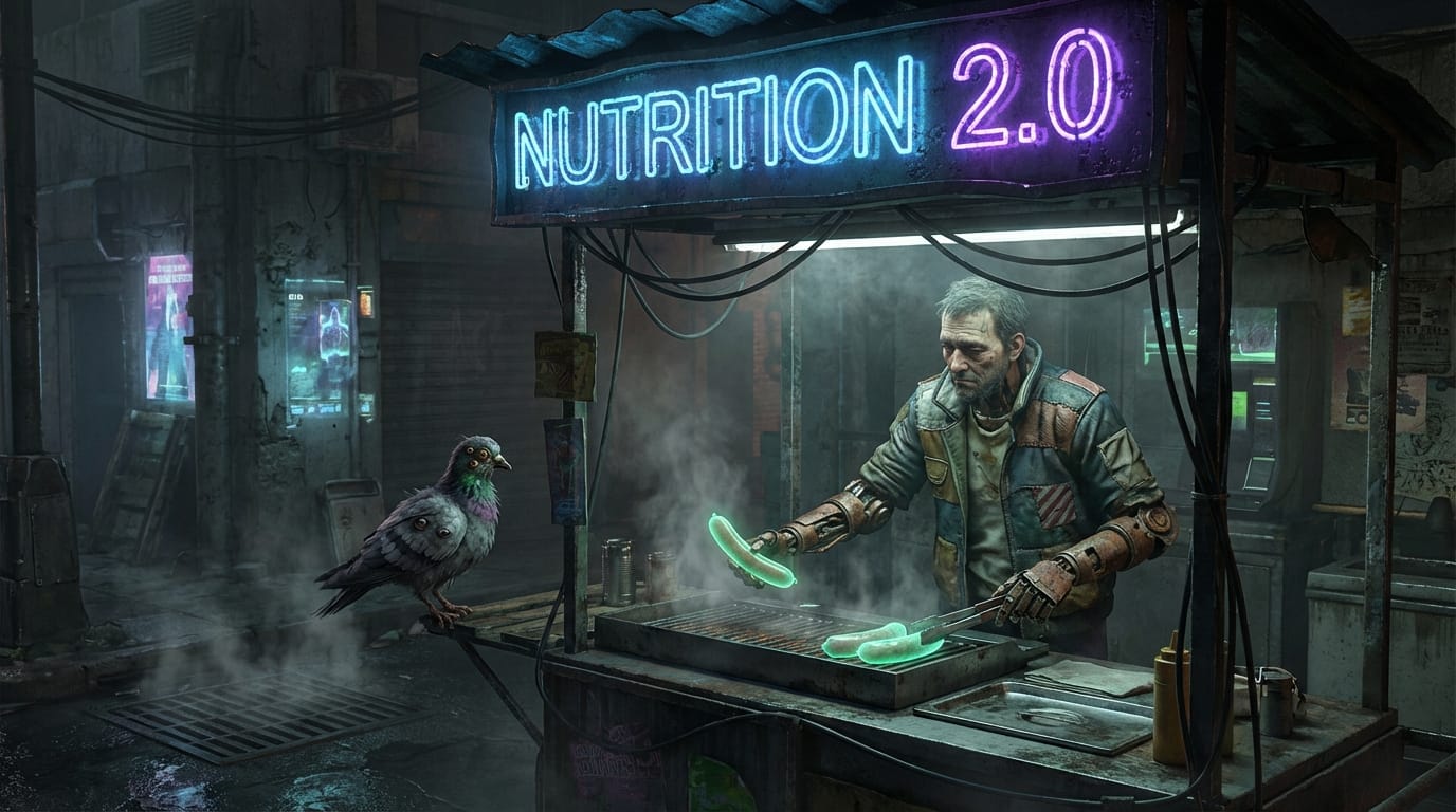 A gritty cyberpunk street scene. A neon sign above a dilapidated hotdog stand reads "NUTRITION 2.0". The vendor is a tired cyborg with metallic arms serving a glowing green sausage to a mutated pigeon. Dark, moody atmosphere, highly detailed.