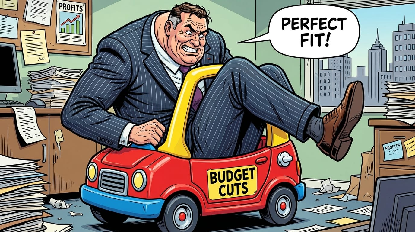 A highly detailed satirical comic panel. A giant corporate executive in a tailored suit is trying to squeeze into a tiny, brightly colored toy car labeled 'BUDGET CUTS'. The text bubble above him reads 'PERFECT FIT!'. Vibrant comic book illustration style, clean lines.