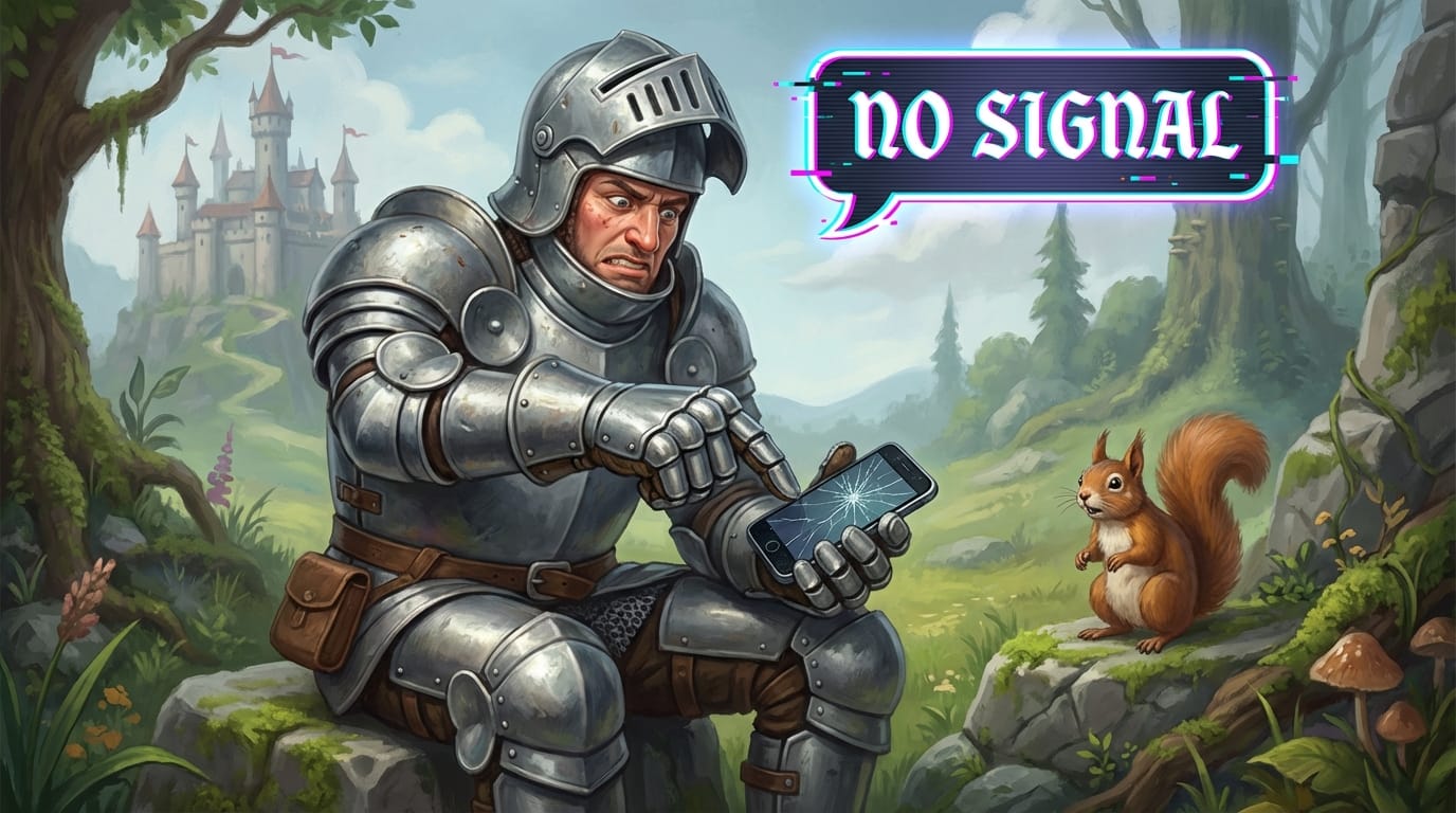 A satirical digital painting of a medieval knight trying to use a modern smartphone. The knight looks frustrated, tapping the screen with a heavy metal gauntlet. Text floating in the air reads 'NO SIGNAL'. Humorous, detailed fantasy art style.