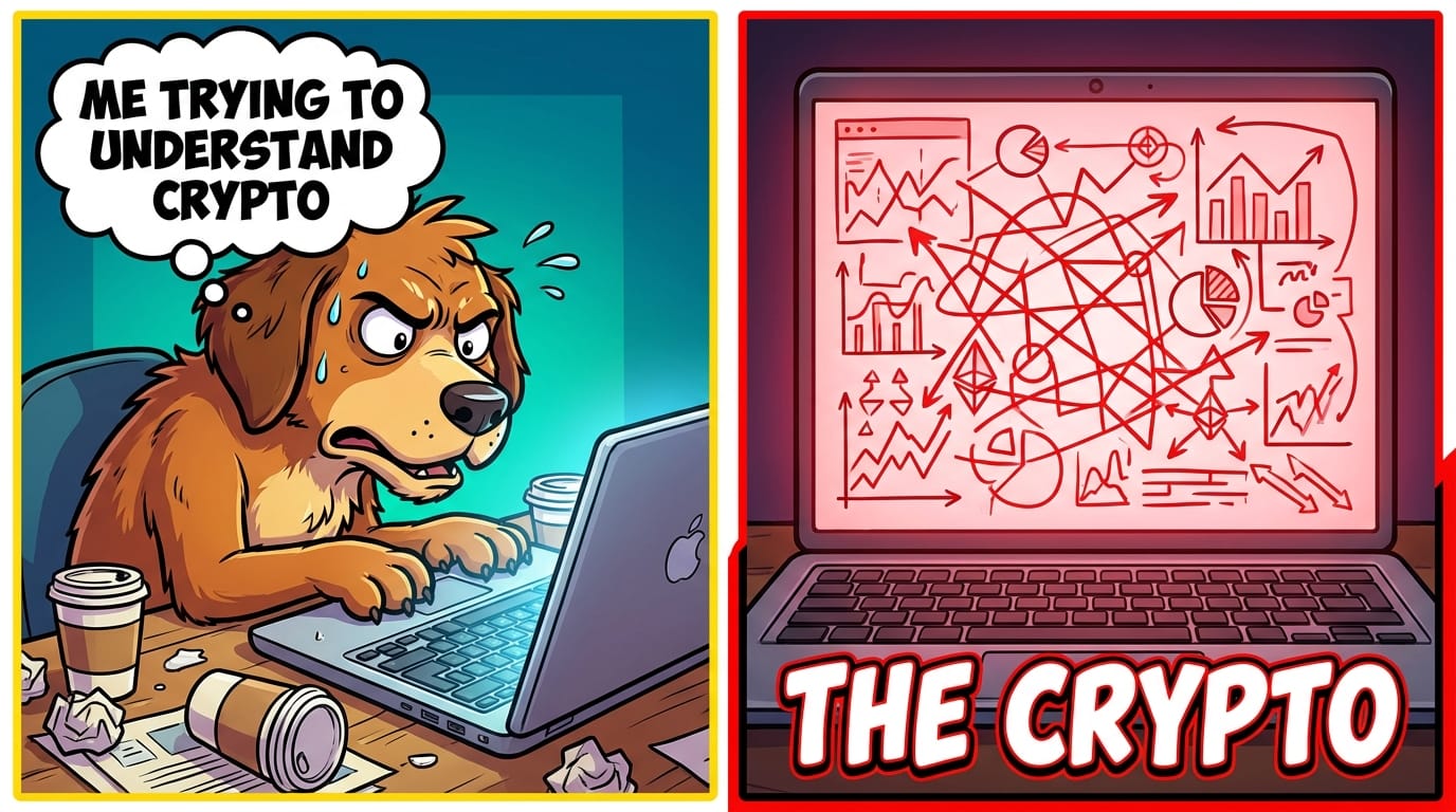 A two-panel comic. The top panel shows a stressed dog sitting at a laptop with the text "ME TRYING TO UNDERSTAND CRYPTO". The bottom panel shows the laptop screen displaying a chaotic web of red lines, with the text "THE CRYPTO". Cartoon style, vibrant colors.
