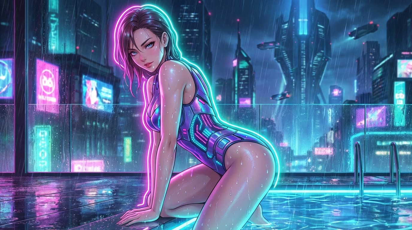 1girl, solo, looking at viewer, seductive pose, wearing detailed swimsuit, wet skin, glowing water droplets, neon rim lighting, cyberpunk background, highly detailed, vibrant colors, anime style, 8k resolution