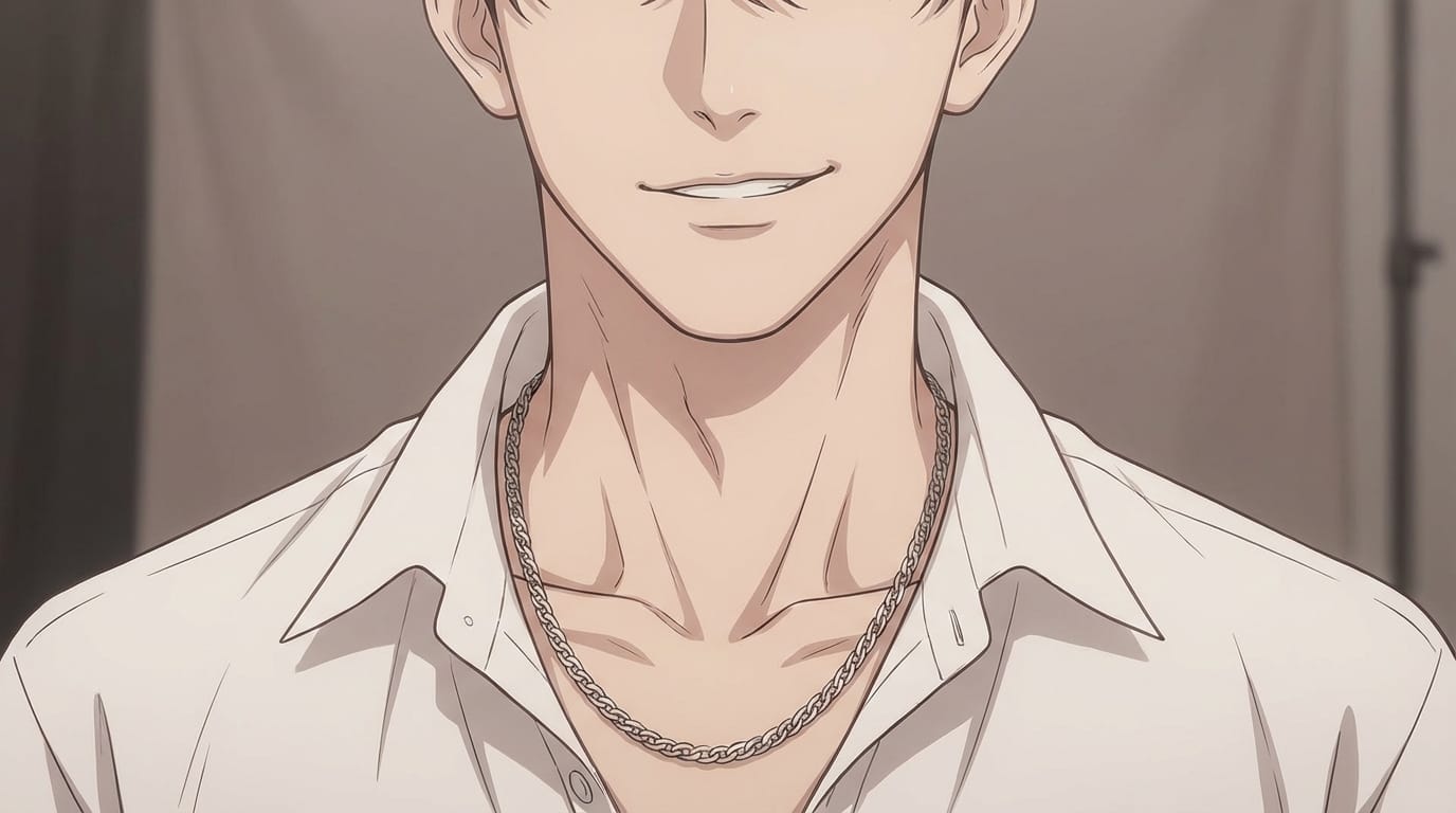 1boy, solo, handsome, subtle teasing smile, close up portrait, wearing unbuttoned white shirt, detailed collarbone, soft studio lighting, clean anime lineart, masterpiece, high quality