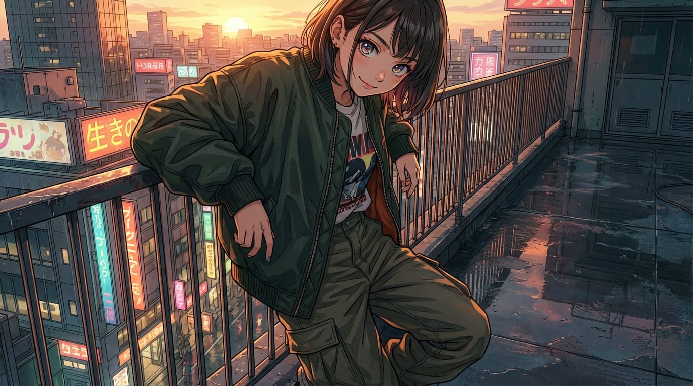 1girl, solo, subtle teasing expression, detailed eyes, cinematic lighting, modern streetwear, high quality anime aesthetic