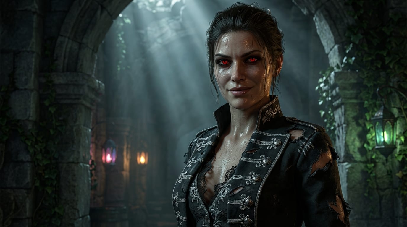 1girl, solo, dark fantasy, glowing red eyes, seductive smile, detailed skin texture, sweat drops, torn gothic uniform, dramatic volumetric lighting, vivid colors, masterpiece, best quality