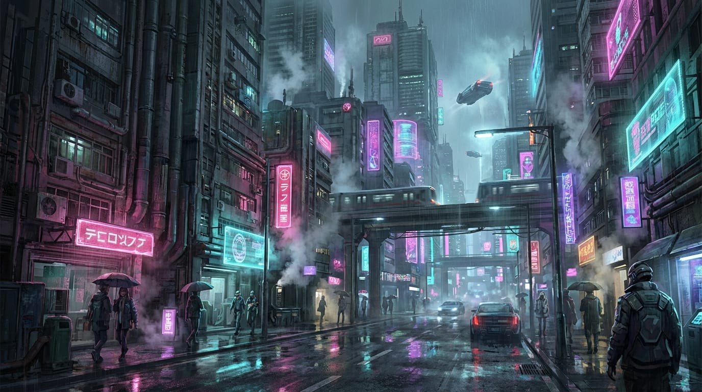 Transform this sketch into a fully rendered cyberpunk city street scene. Neon lighting, wet asphalt reflecting pink and cyan lights, highly detailed architectural elements, cinematic cinematic atmosphere, concept art style.